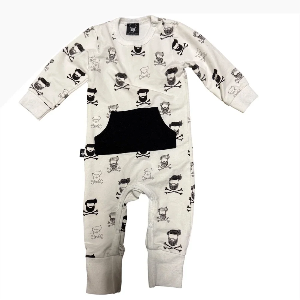 Oovy Baby Boys Bearded Skull Crossbones Romper White Black 6-12 Months Pocket